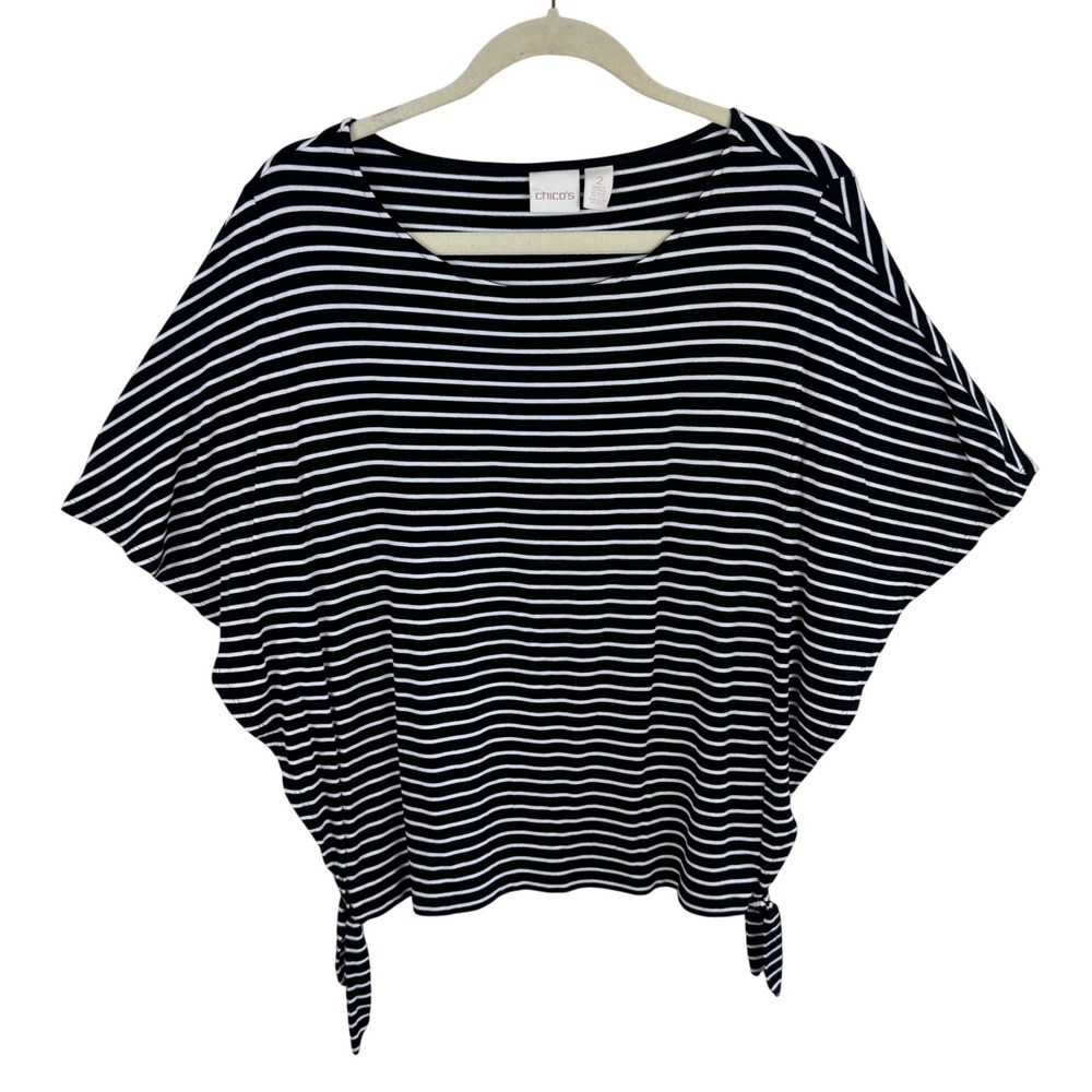 Chicos Striped Dolman Sleeve Top Black White Side Tie Scoop Neck Size 2 Large